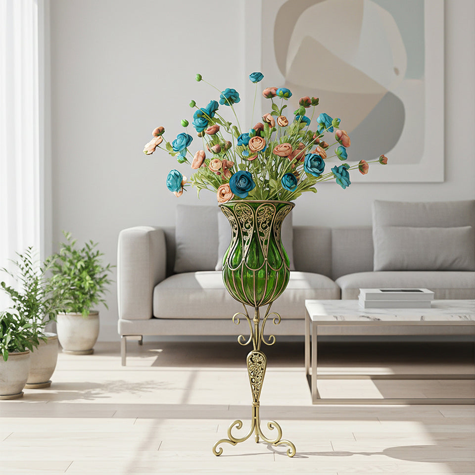 SOGA 85cm Green Glass Tall Floor Vase and 12pcs Blue Artificial Fake Flower Set