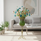 SOGA 85cm Green Glass Tall Floor Vase and 12pcs Blue Artificial Fake Flower Set