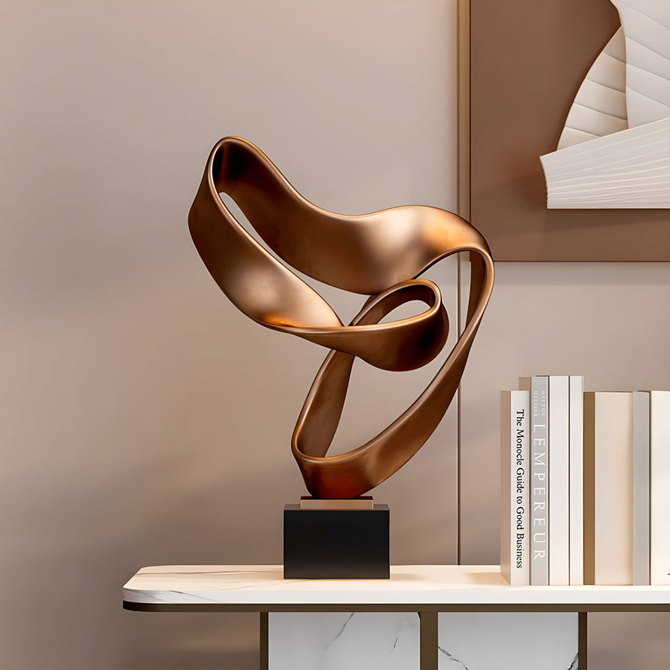 SOGA 45cm Bronze Abstract Sculpture Modern Ribbon Art with Black Base for Home Decor