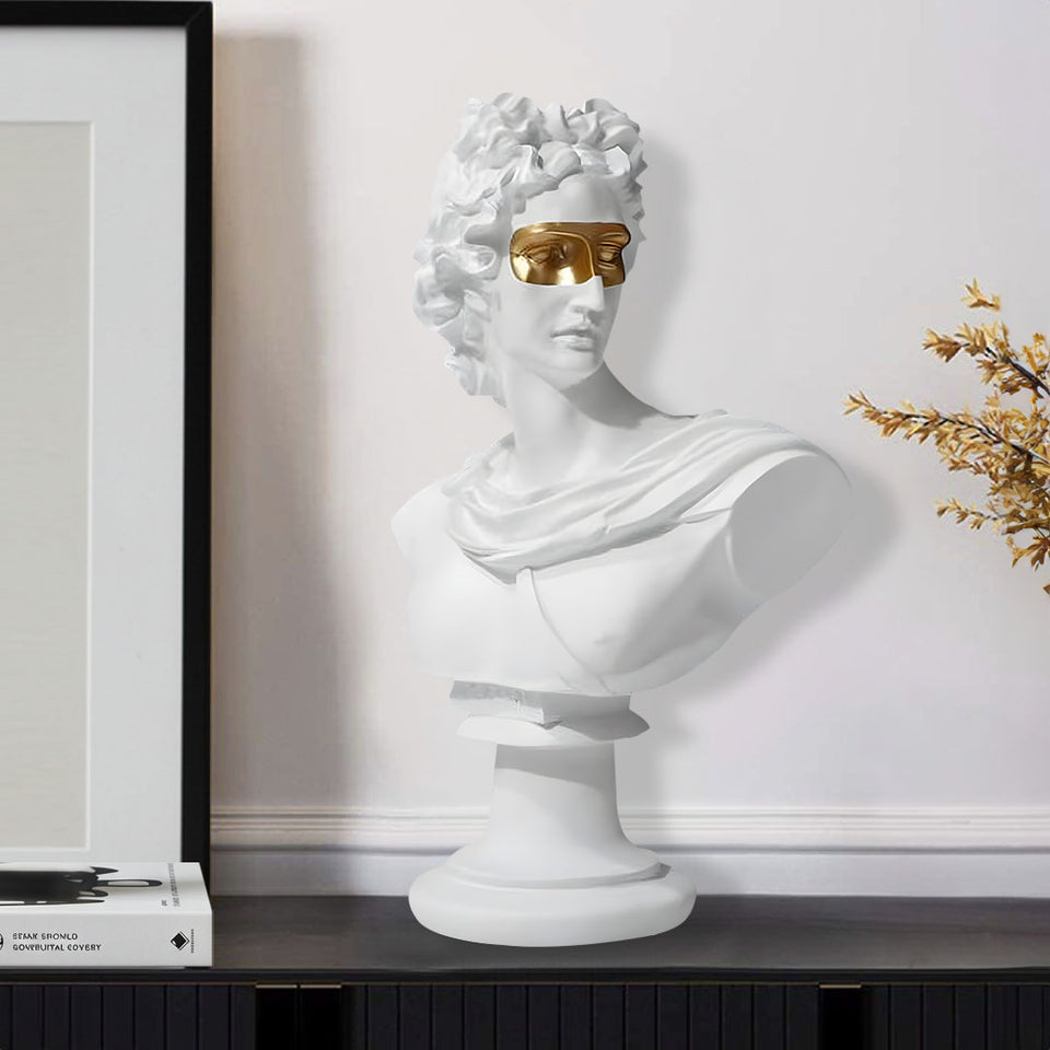 SOGA 40cm White Classical Bust Resin Sculpture with Gold Eye Mask for Modern Home Decor