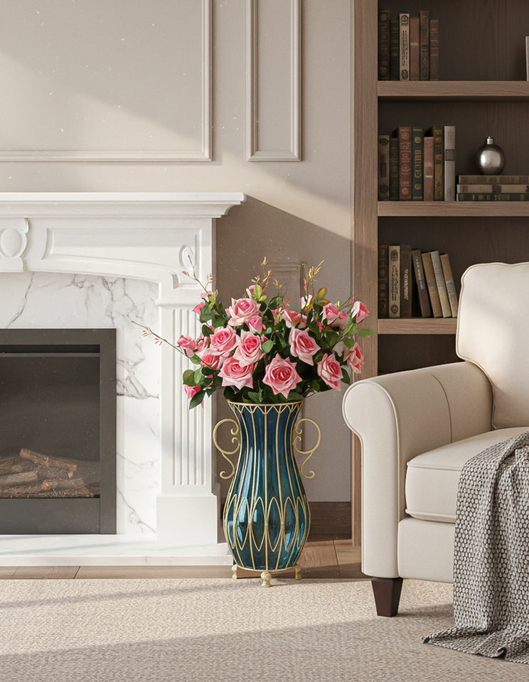 SOGA 51cm Blue Glass Tall Floor Vase with 12pcs Pink Artificial Fake Flower Set