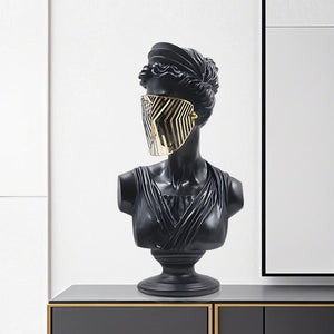 SOGA 40cm Black Classical Bust Sculpture Resin with Gold Striped Mask for Modern Home Decor