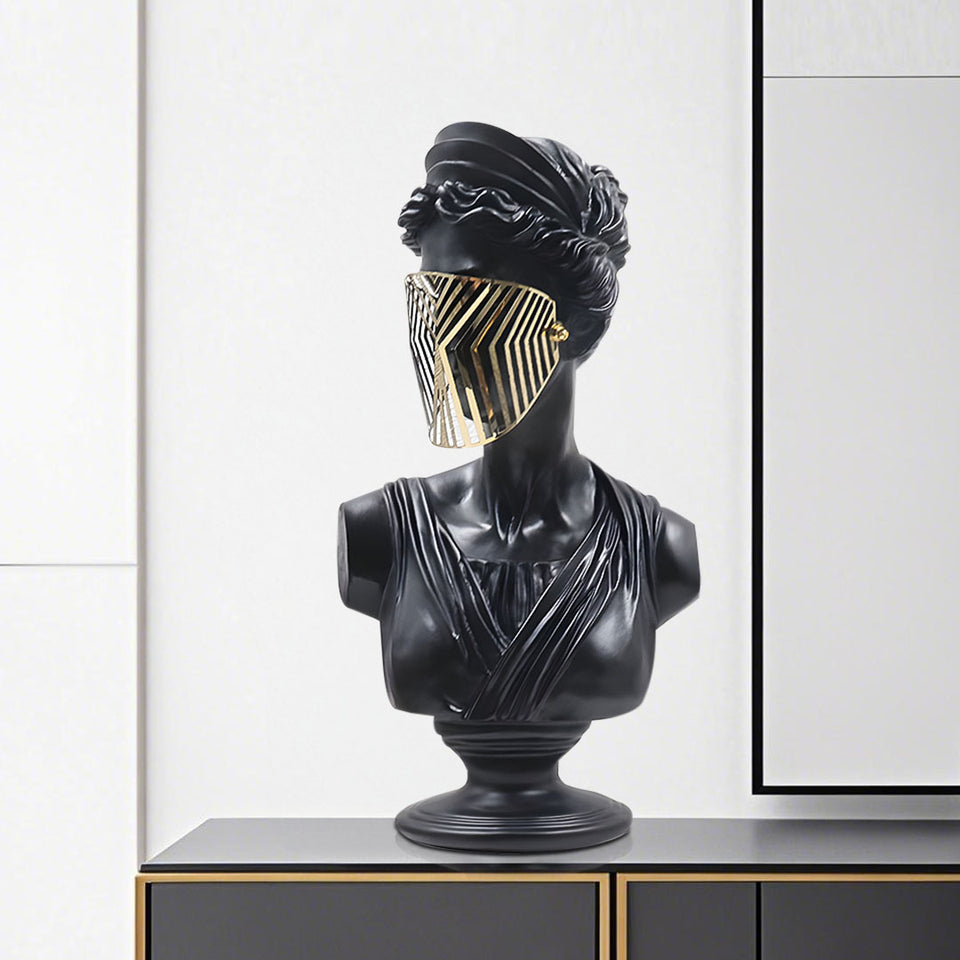 SOGA 40cm Black Classical Bust Sculpture Resin with Gold Striped Mask for Modern Home Decor
