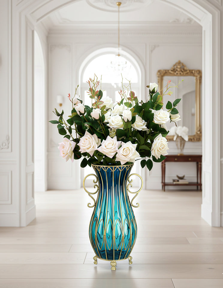 SOGA 51cm Blue Glass Tall Floor Vase with 12pcs White Artificial Fake Flower Set