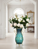 SOGA 51cm Blue Glass Tall Floor Vase with 12pcs White Artificial Fake Flower Set