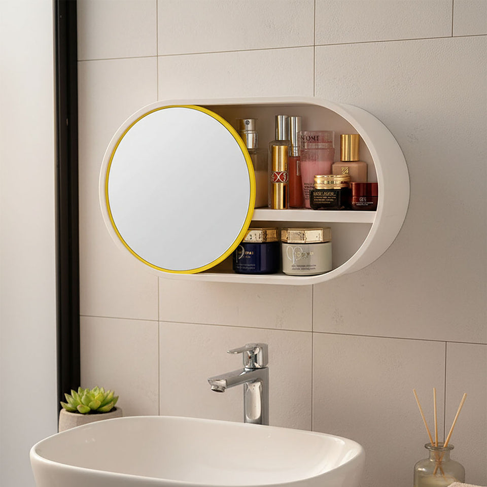 SOGA 39cm Oval Wall-Mounted Mirror Storage Box Vanity Mirror Rack Bathroom Adhesive Shelf Home Organiser Decor