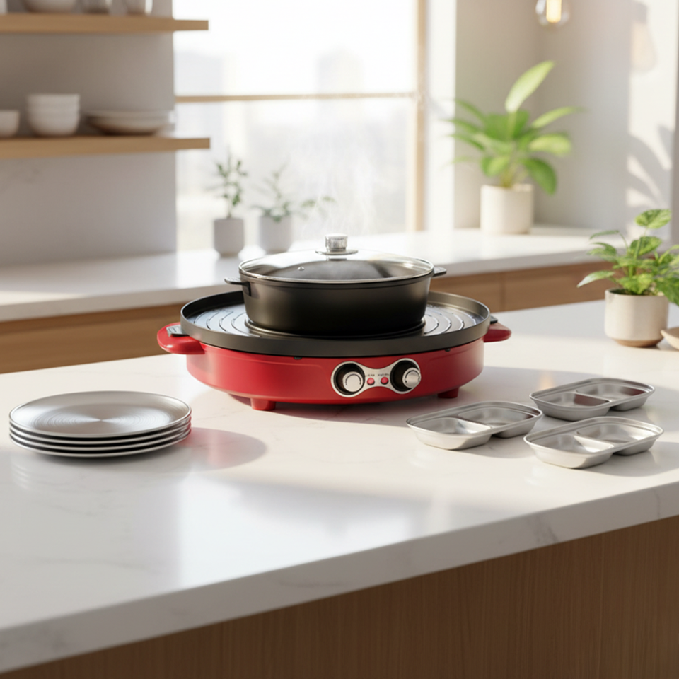 SOGA Kitchenware Bundle – 2-in-1 Electric Hot Pot BBQ Grill with Silver Grilling Plate & Sauce Pan