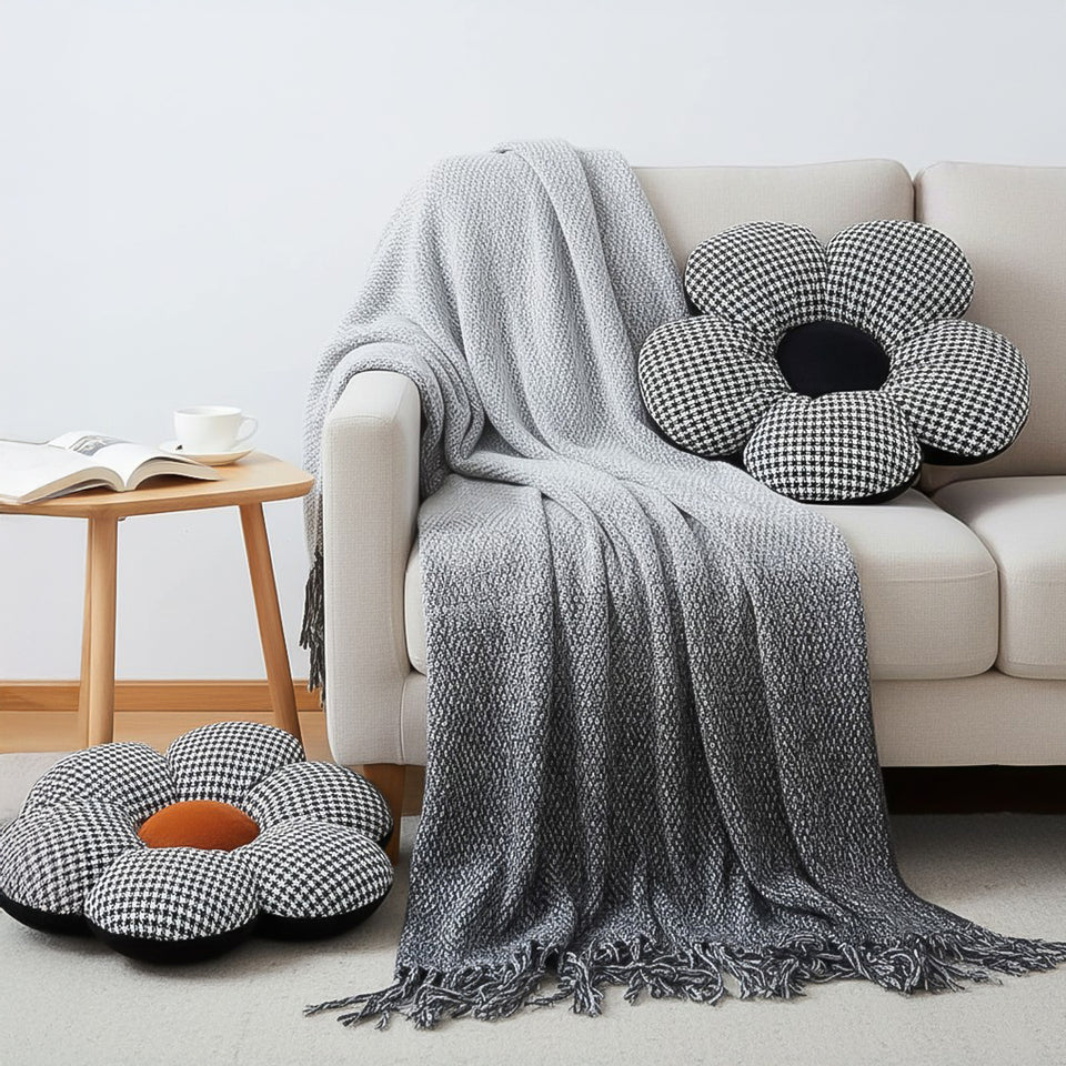 SOGA Home & Living Bundle – Black Flower Floor Pillows & Star Grey Gradient Tassel Blanket
