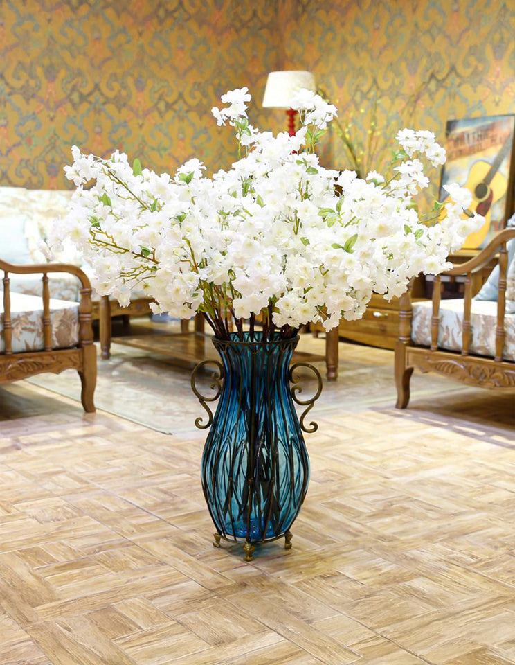 SOGA 51cm Blue Glass Oval Floor Vase with Metal Flower Stand
