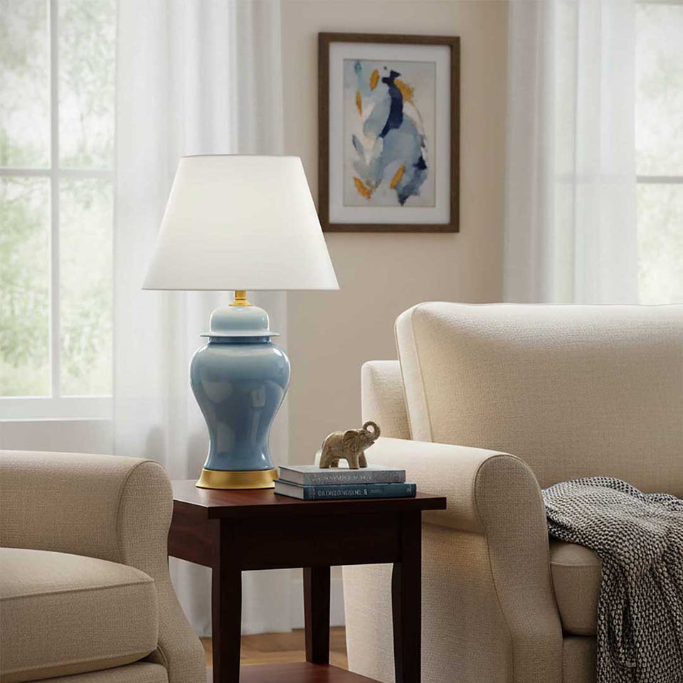 SOGA 4X Oval Ceramic Table Lamp with Gold Metal Base Desk Lamp Blue