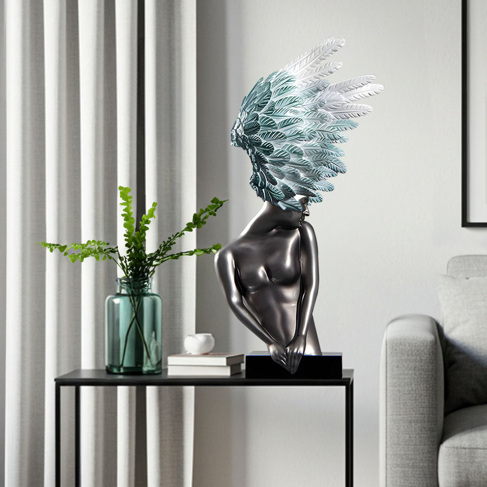 SOGA 86cm Modern Silver Winged Figure Sculpture with Artificial Marble Base for Home Decor