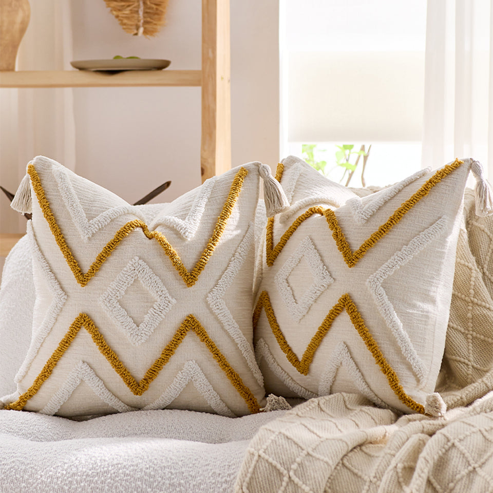 SOGA Boho Tufted Cushion 45cm Tassel Beige Yellow Geometric Chevron Throw Pillow