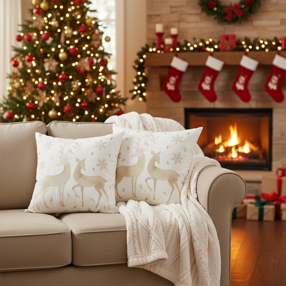 SOGA Christmas Bundle – 2 White & Gold Christmas Reindeer Pillow & White Chenille Fleece Throw