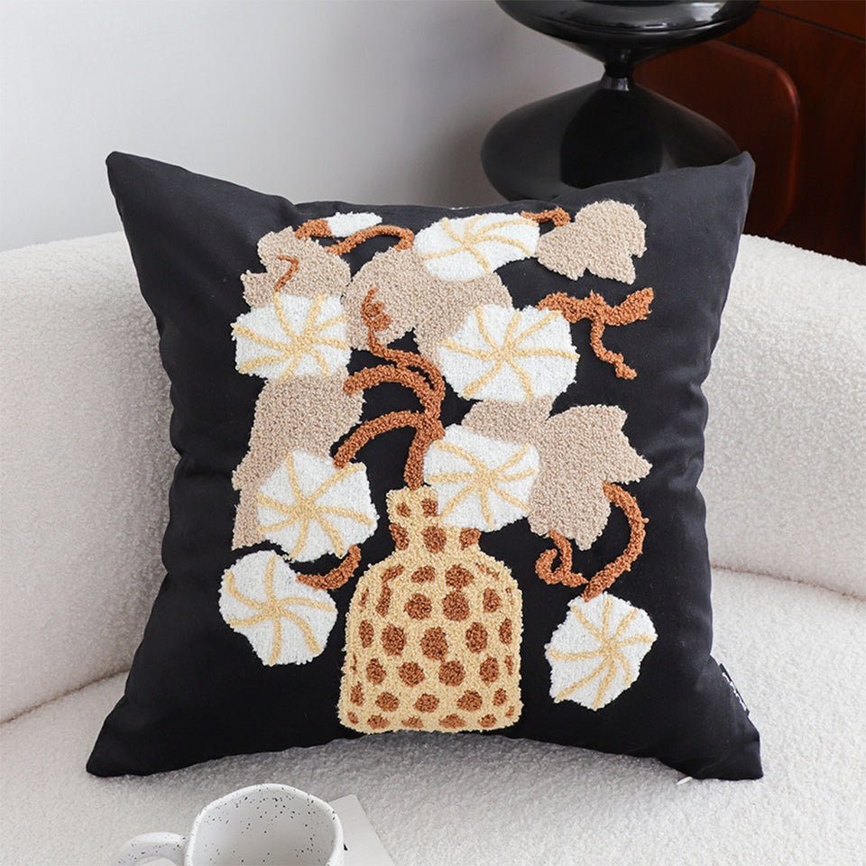 SOGA 2X 45cm Black Gold Wicker Basket Floral Embroidered Throw Pillow