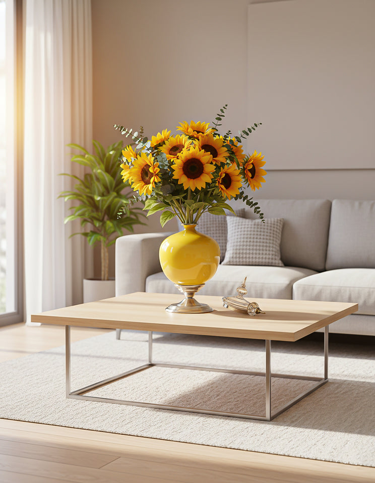 SOGA 38cm Ceramic Oval Flower Vase with Gold Metal Base Yellow