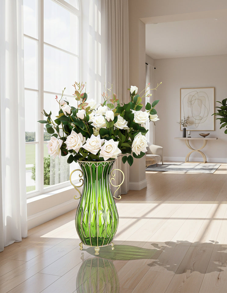 SOGA 51cm Green Glass Tall Floor Vase with 12pcs White Artificial Fake Flower Set