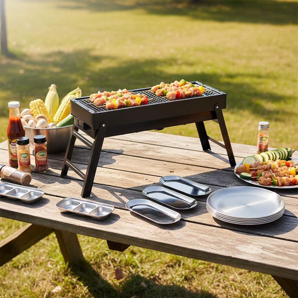 SOGA Kitchenware Bundle – Portable Charcoal Grill, Silver Grilling Plate, Nordic Plate & Sauce Pan