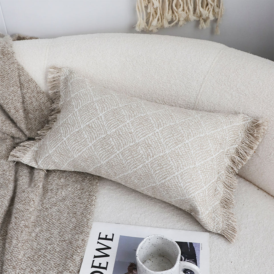 SOGA 35cm Rectangular Natural Woven Diamond Pattern Fringe Trim Throw Pillow