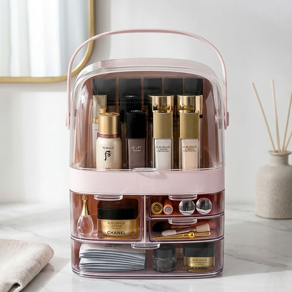 SOGA 2X 3 Tier Pink Countertop Makeup Cosmetic Storage Organiser Skincare Holder Jewelry Storage Box with Handle