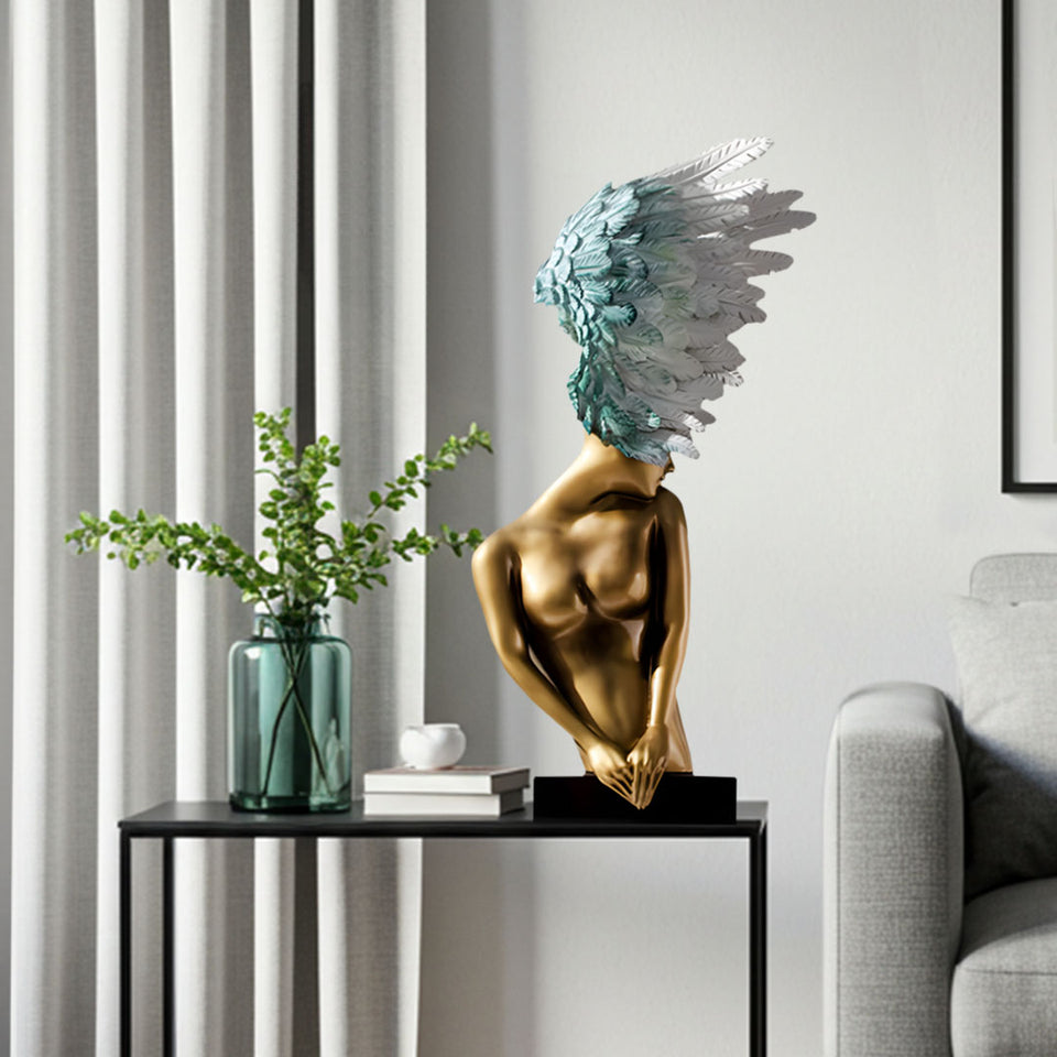 SOGA 86cm Modern Gold Bronze Winged Figure Sculpture with Artificial Marble Base for Home Decor