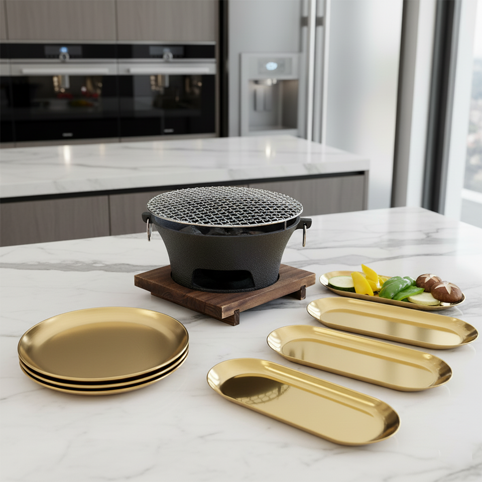SOGA Kitchenware Bundle – Gold Nordic Plate Set, 23cm Grilling Plate & Cast Iron BBQ Grill