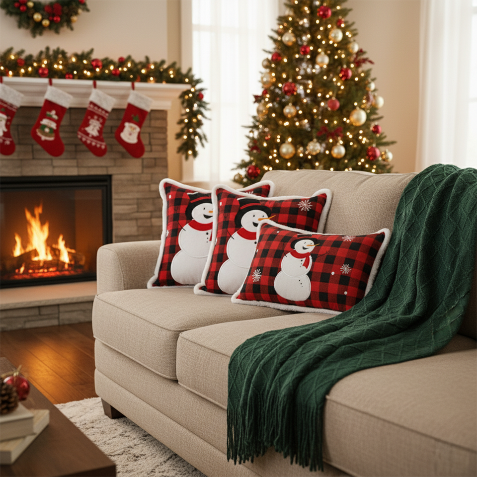 SOGA Christmas Bundle – Red Snowman Pillows & Green Diamond Knitted Throw Blanket