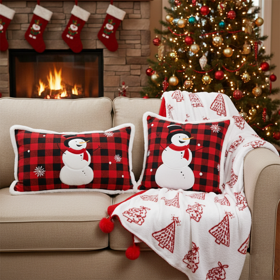 SOGA Christmas Bundle – Red Christmas Tree Fleece Throw & Red Snowman Holiday Pillows