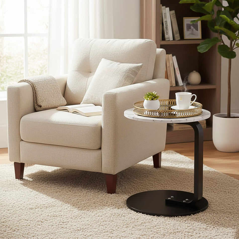 SOGA Home & Living Bundle – White Marble Mini Side Table & Gold Round Mirror Tray Organizer