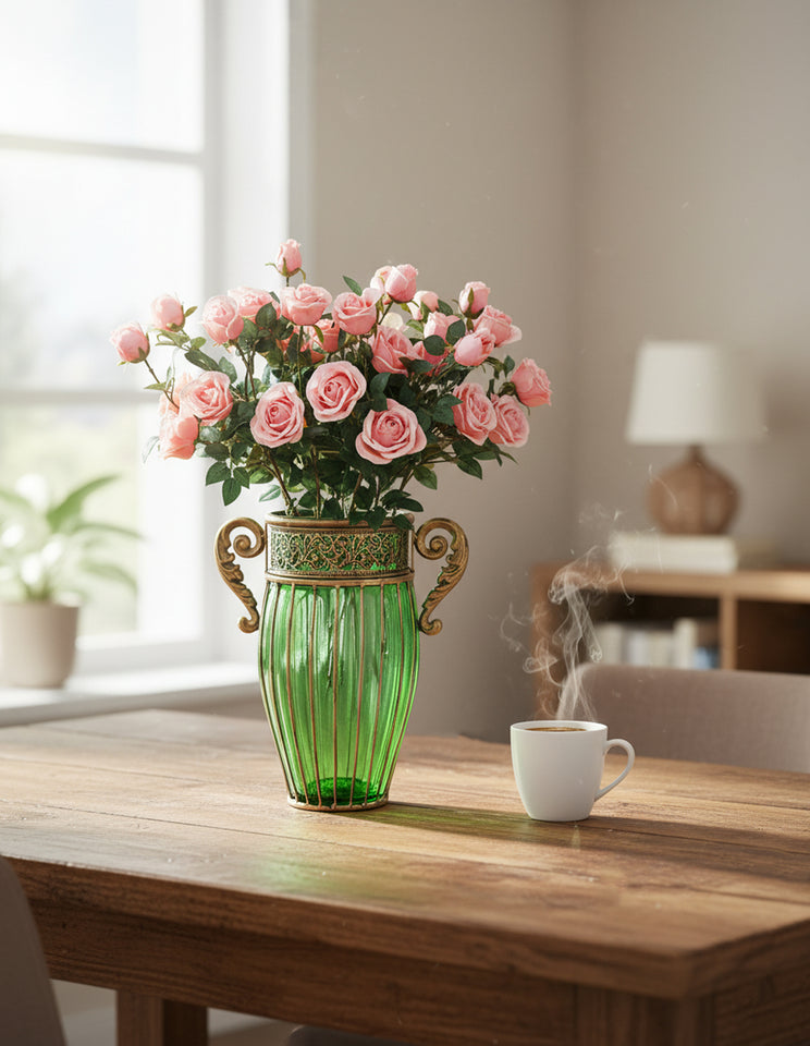 SOGA Green Glass Flower Vase with 8 Bunch 5 Heads Artificial Fake Silk Rose Home Decor Set