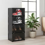 SOGA 4 Tier Black Portable Shoe Organiser Sneaker Footwear Folding Plastic Bin Stackable Storage Box with Magnetic Door