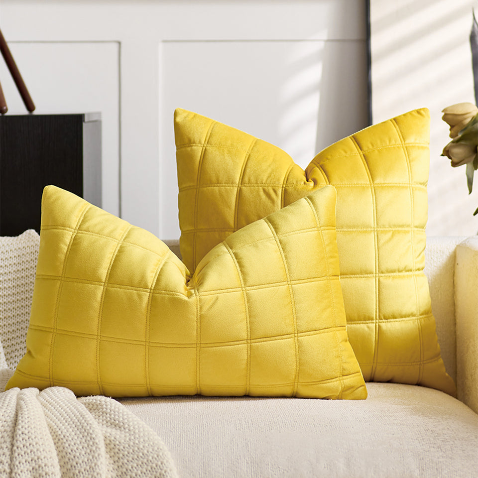 SOGA 2X 30cm Yellow Quilted Grid Pattern Decorative Throw Pillow