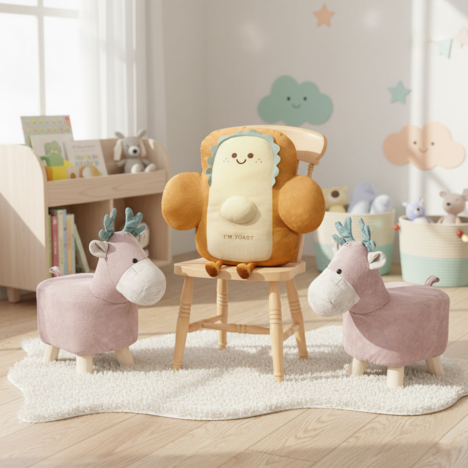 SOGA Home & Living Bundle – 2 Pink Deer Children’s Ottoman & Smiley Toast Plush Cushion