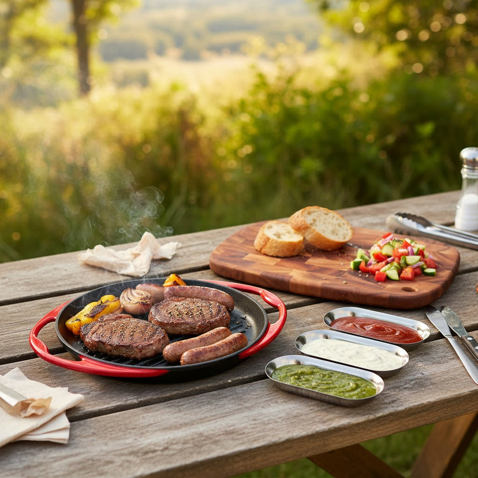 SOGA Kitchenware Bundle – Acacia Cutting Board, Cast Iron Skillet & Silver Nordic Plate Set