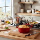 SOGA Kitchenware Bundle – Red Enamel Stewpot, Stainless Steel Fry Pan & Soup Stockpot