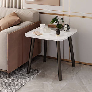 SOGA 2X 40cm White Stone-Patterned Table Compact Modern Design with Black Metal Legs