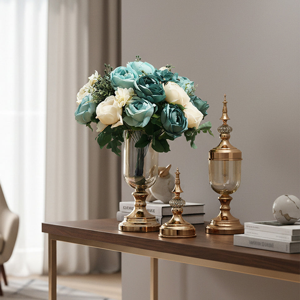 SOGA 2 x Clear Glass Flower Vase with Lid and Blue Flower Filler Vase Gold Set