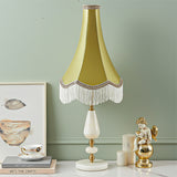 SOGA Jade Stone Base Table Lamp Vintage Yellow Shade Tassel Fringe Bedside Desk Light