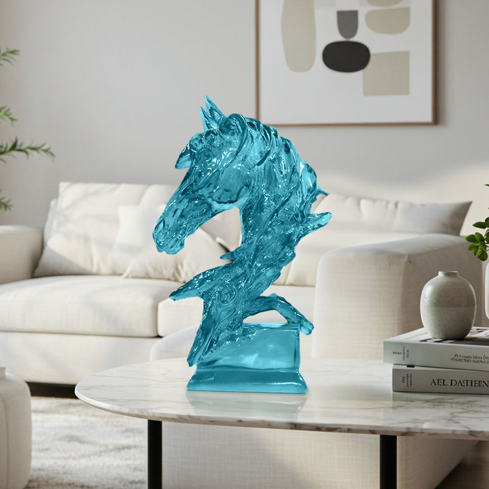 SOGA 37cm Blue Horse Head Resin Sculpture Flowing Mane Design Modern Art for Home Decor