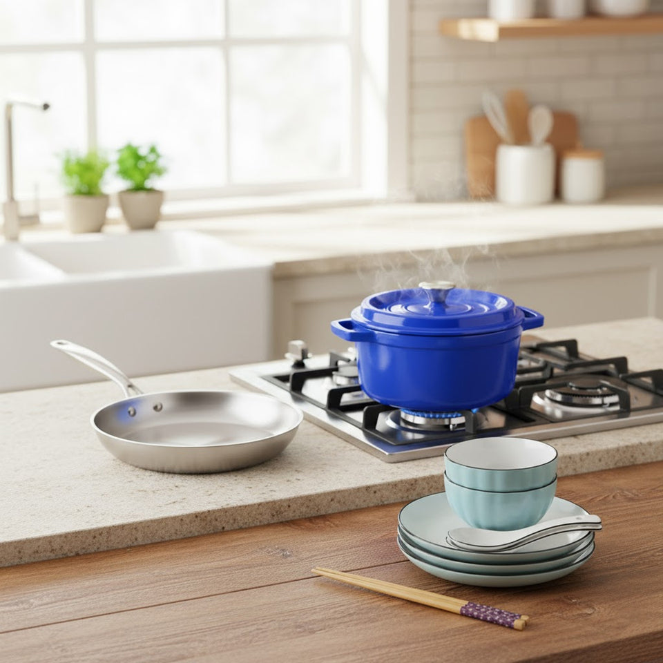 SOGA Kitchenware Bundle – Blue Enamel Stewpot, Stainless Steel Fry Pan & Ceramic Dinnerware Set