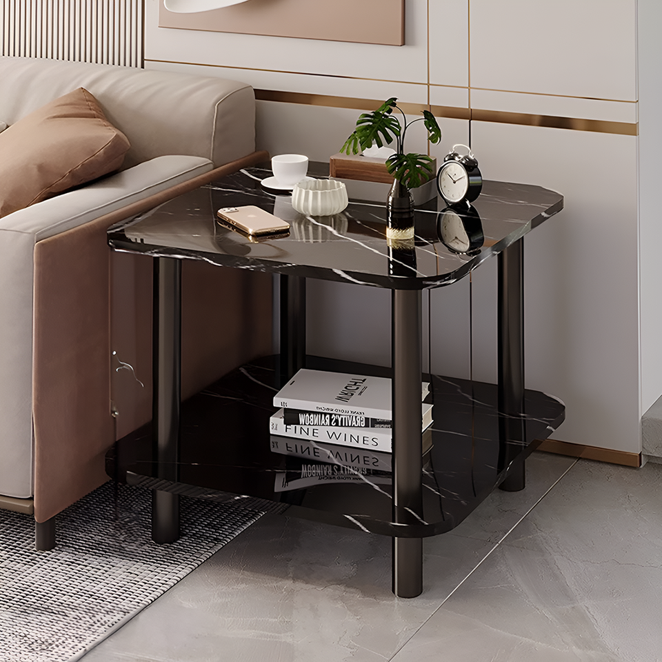 SOGA 60cm Black Stone-Patterned Table – Modern Round Design with Black Metal Legs