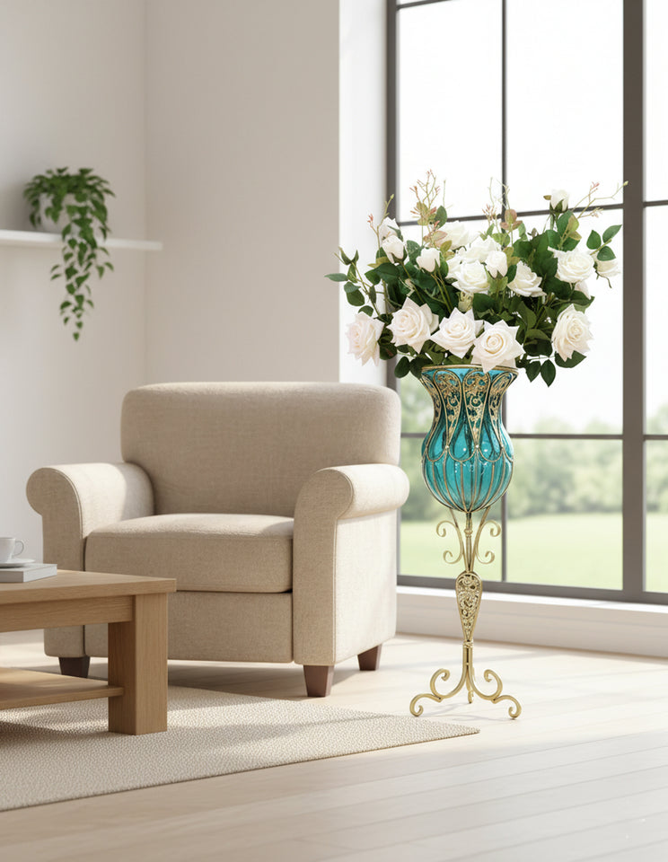 SOGA 85cm Blue Glass Tall Floor Vase and 12pcs White Artificial Fake Flower Set
