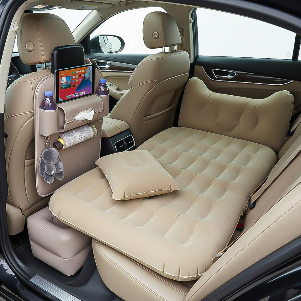 SOGA Car Bundle – White Back Seat Storage Organizer & Beige Honeycomb Inflatable Mattress