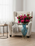 SOGA 67cm Blue Glass Tall Floor Vase and 12pcs Dark Pink Artificial Fake Flower Set