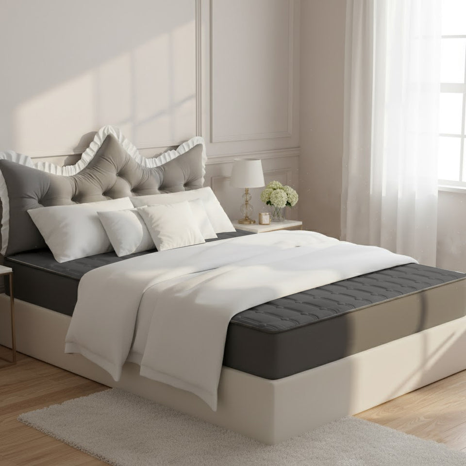 SOGA Home & Living Bundle – Grey Crown Tufted Pillow & Quilted Mattress Cover Set