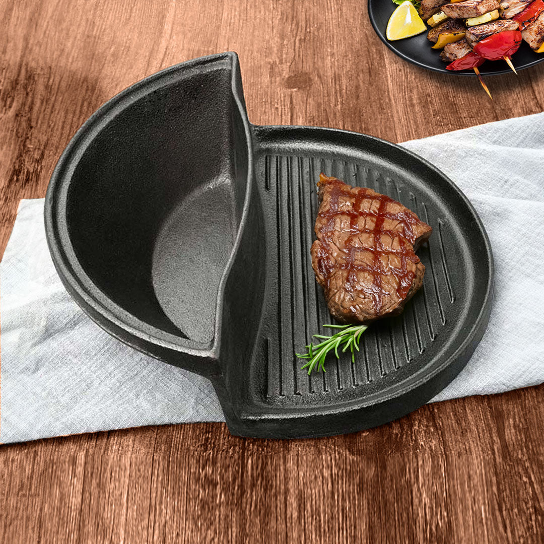 SOGA 2 in 1 Cast Iron Ribbed Fry Pan Skillet Griddle BBQ and Steamboat ...