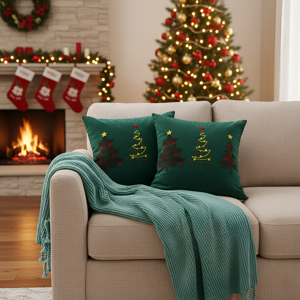 SOGA Christmas Bundle – 2 Green Embroidered Christmas Tree Pillow & Tassel Fringe Knitted Blanket