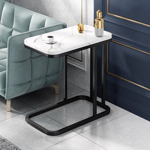 SOGA 2X 30x50x58cm White Stone-Patterned Sofa Side Square Mini Table w/ Black Metal Legs