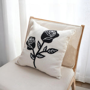 SOGA 2X 45cm White Black Single Rose Embroidered Throw Pillow