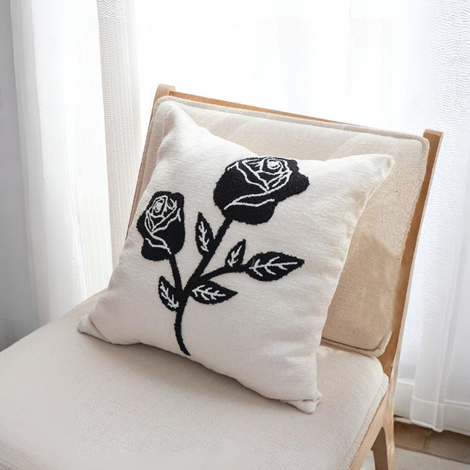 SOGA 2X 45cm White Black Single Rose Embroidered Throw Pillow