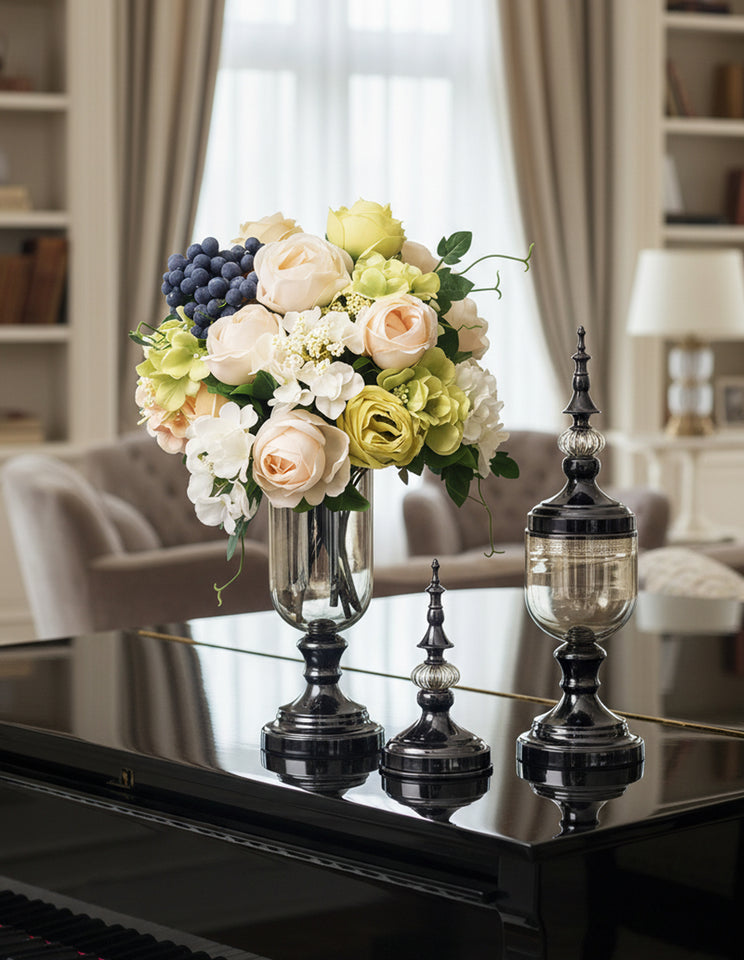 SOGA 2 x Clear Glass Flower Vase with Lid and White Flower Filler Vase Black Set